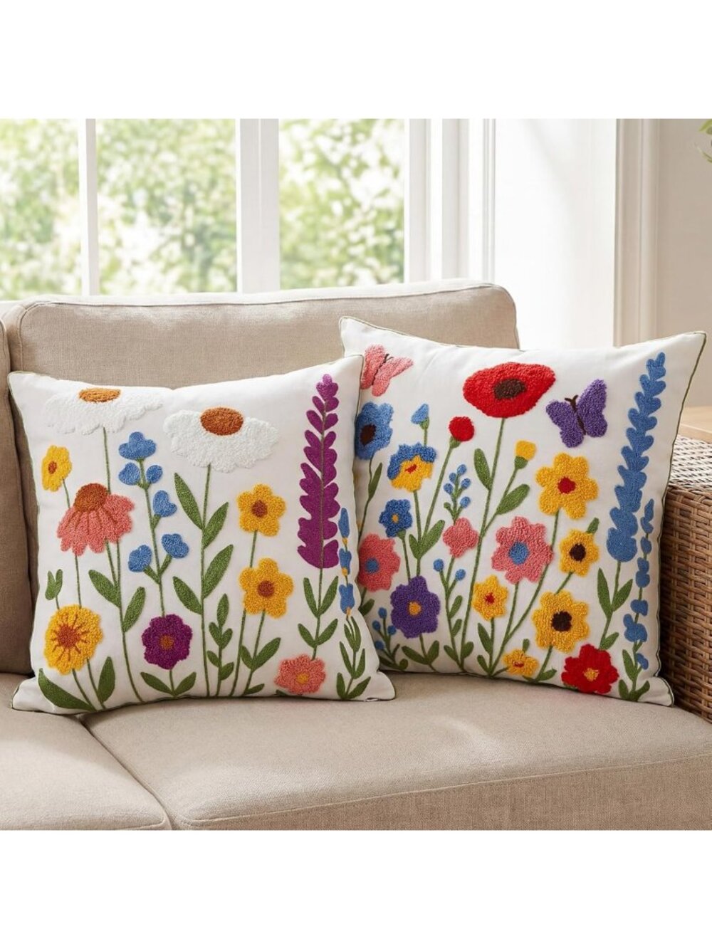 Floral Embroidered Throw Pillow Covers 18x18 - Boho Farmhouse Decor, Cozy Accent
